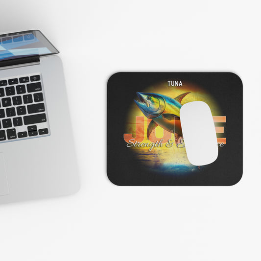 Birth month mouse pad featuring a colorful tuna fish design on black background