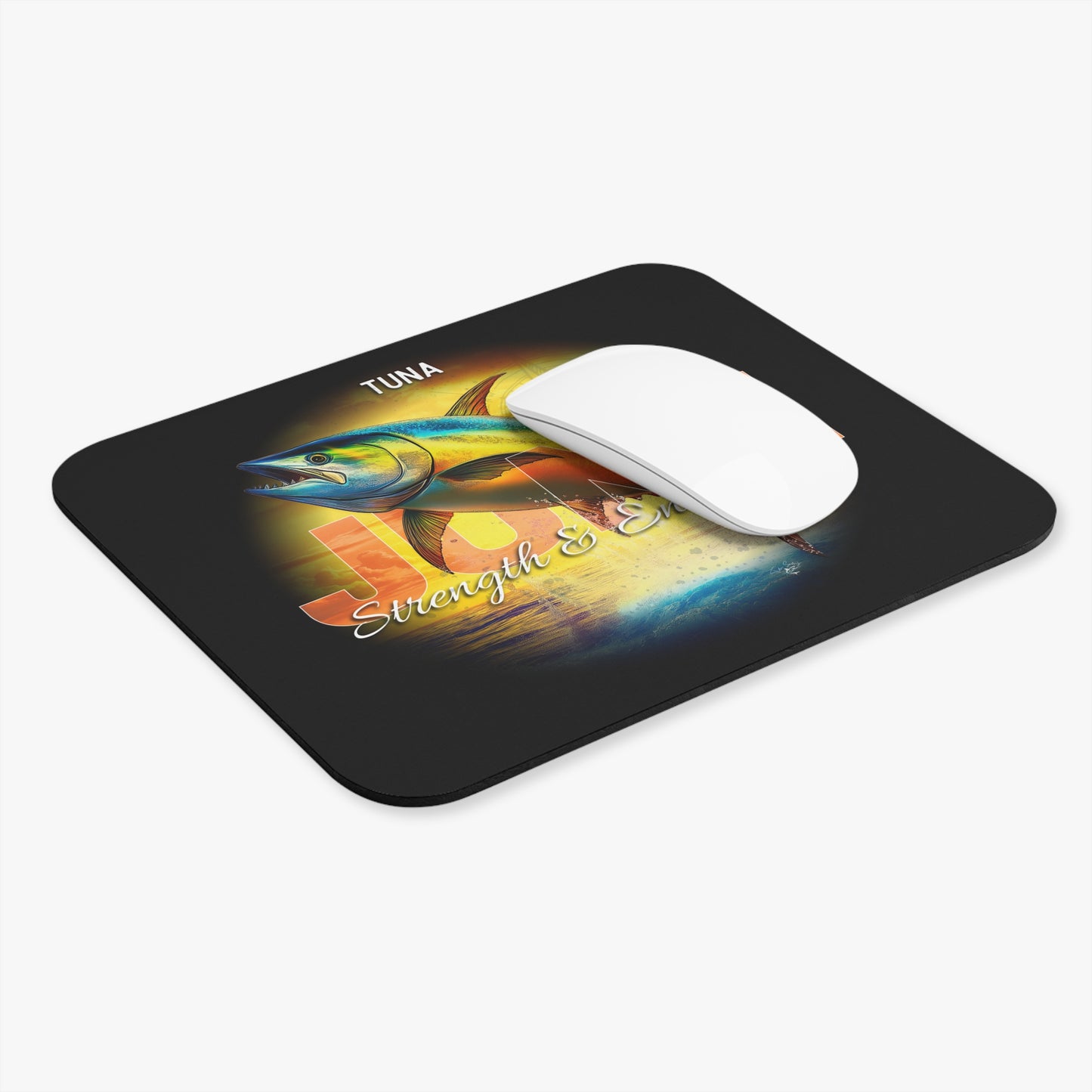 Birth month mouse pad with colorful tuna fish design on black background
