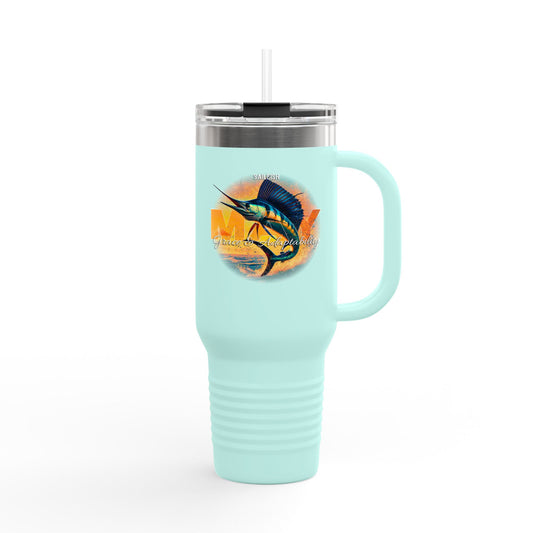 Light blue birth month travel mug with marlin fish design and clear lid with straw 