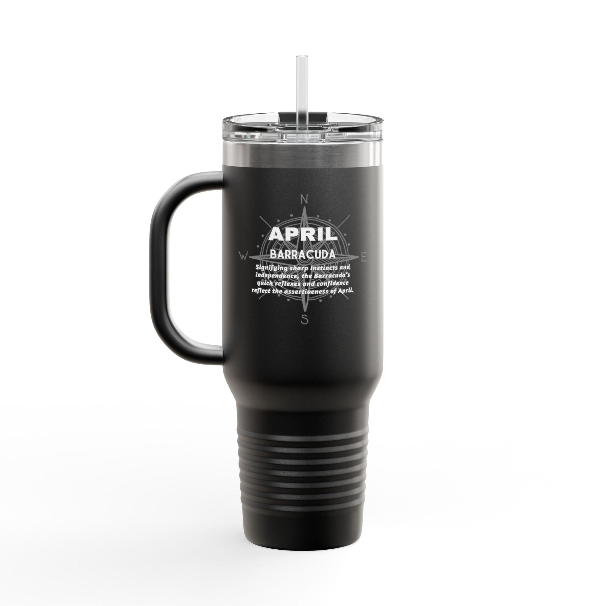 Black Printify birth month travel mug for April with compass design and inspirational text