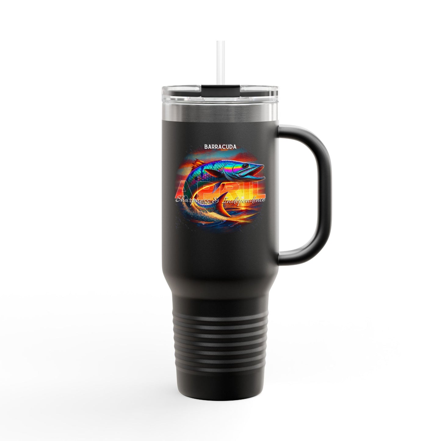 Black birth month travel mug with colorful barracuda fish design and clear lid with straw