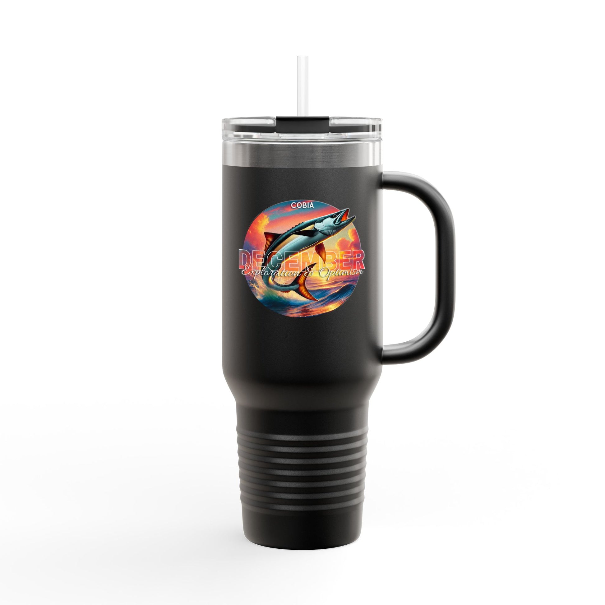 Black birth month travel mug with a colorful fish design and clear lid with straw