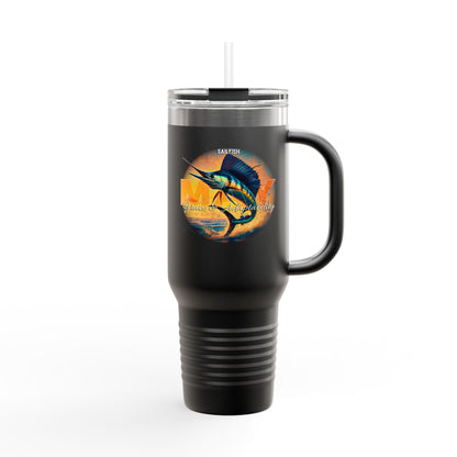Black birth month travel mug featuring a colorful sailfish design with handle and clear lid
