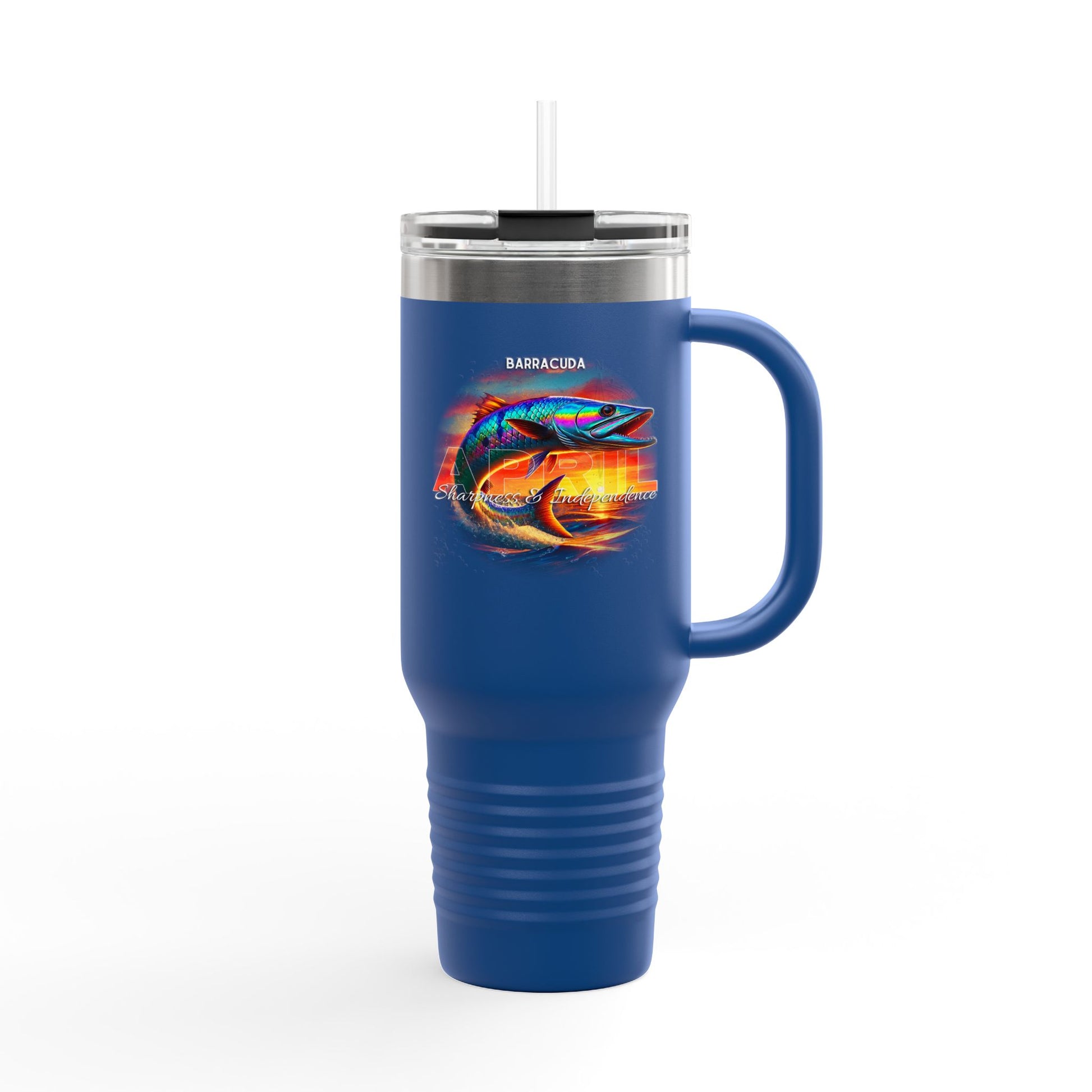 Blue birth month travel mug with colorful barracuda fish design and clear lid with straw