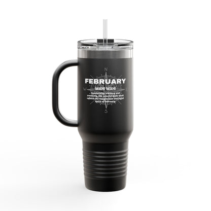 Black birth month travel mug for February with handle and clear lid