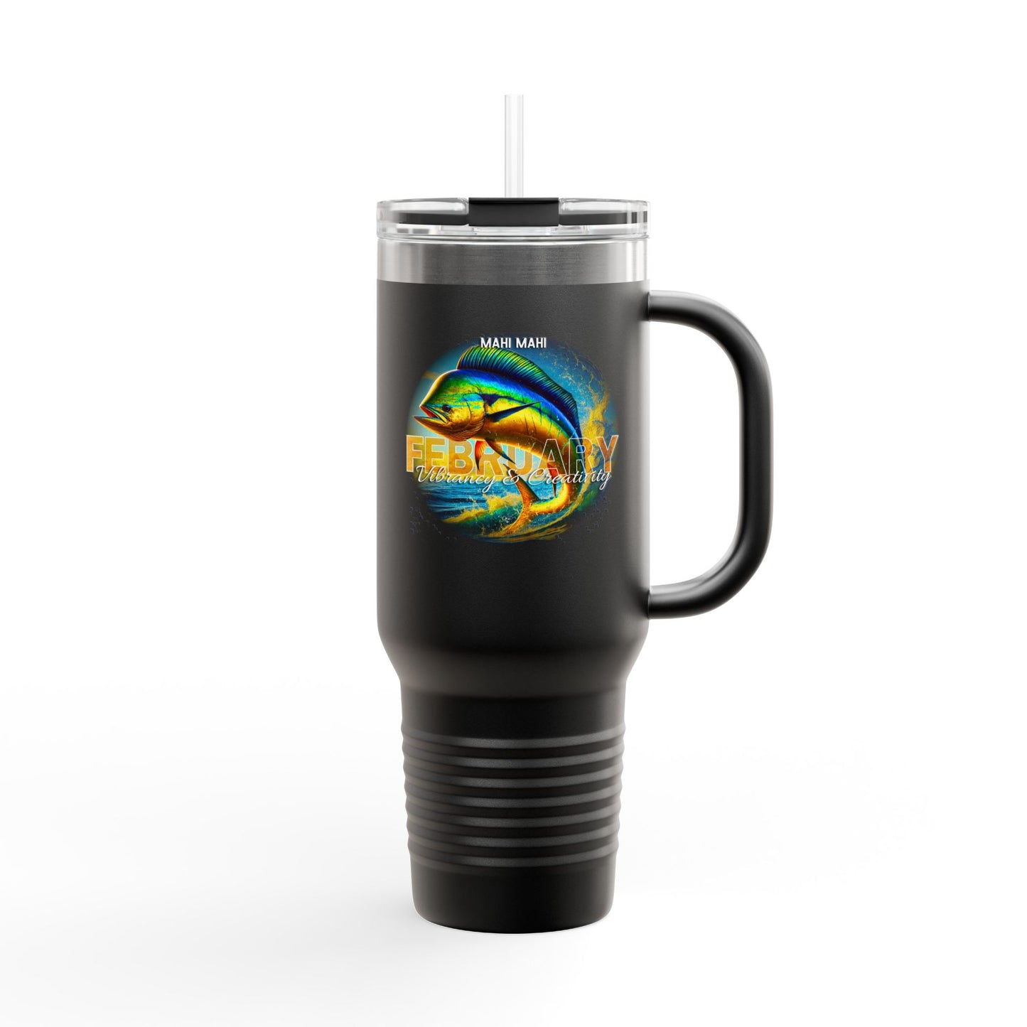 Black birth month travel mug with February design and colorful mahi mahi fish graphic