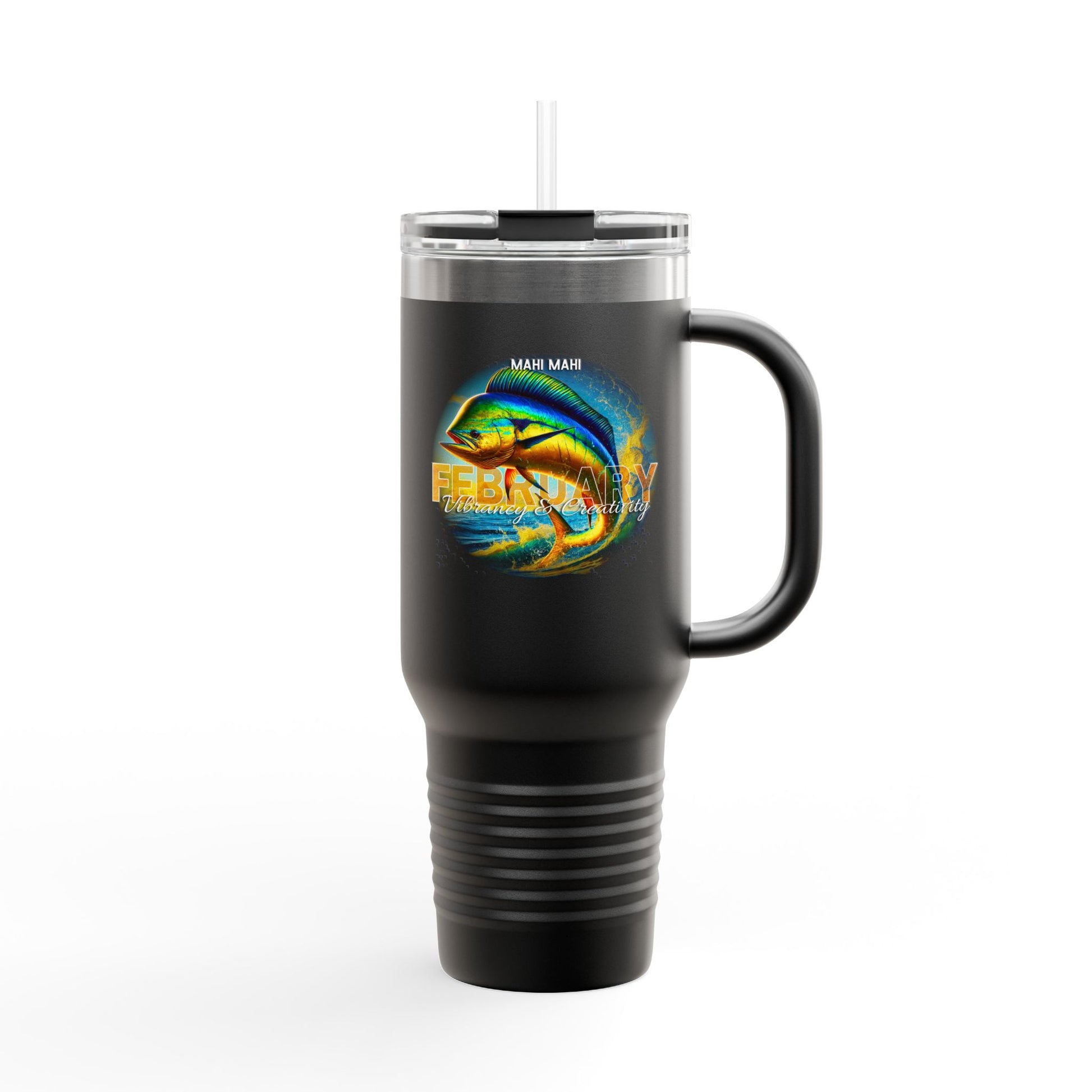 Black birth month travel mug with February design and colorful mahi mahi fish graphic