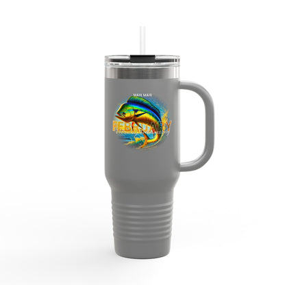 Gray birth month travel mug with February design featuring colorful mahi mahi fish and straw