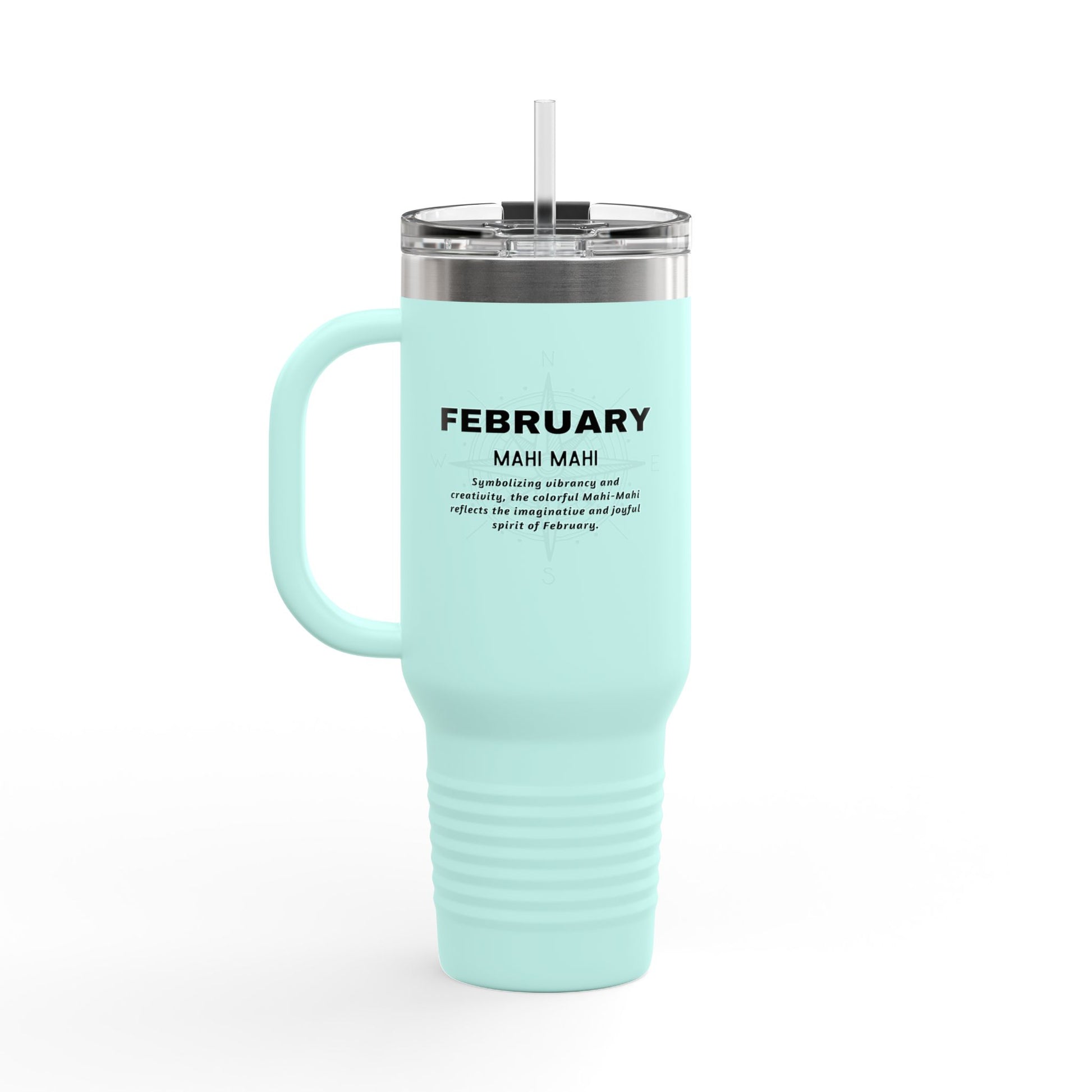 Mint green birth month travel mug for February with handle and clear lid 