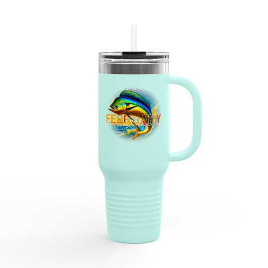 Light blue birth month travel mug with February design and fish graphic, stainless steel lid and straw