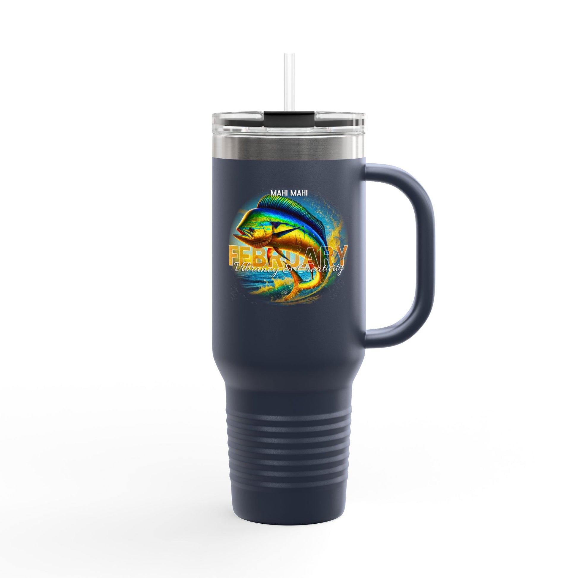 Navy blue birth month travel mug with February and mahi mahi fish design