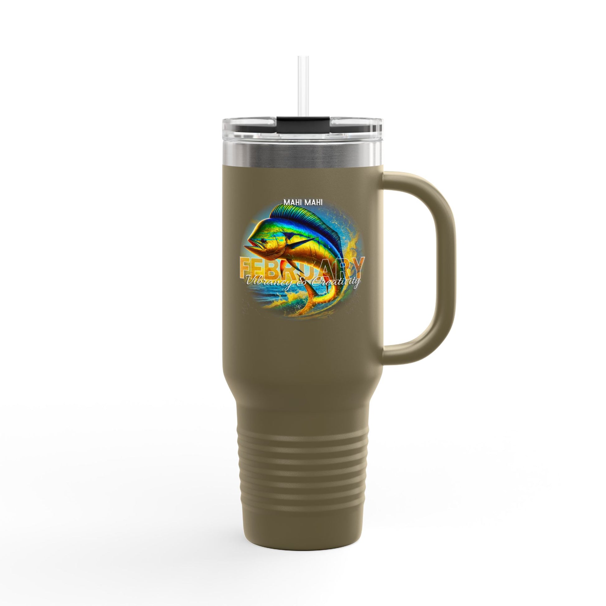 Birth month travel mug in olive green with February theme and colorful mahi mahi fish design