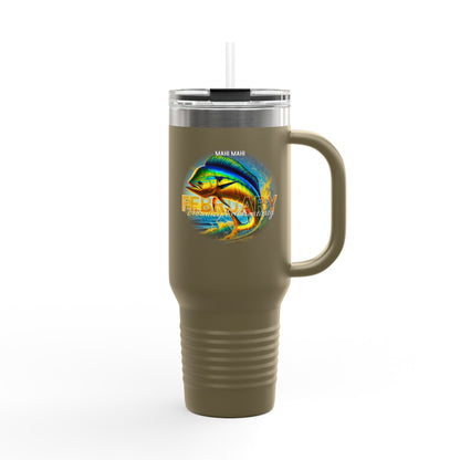 Birth month travel mug in olive green with February theme and colorful mahi mahi fish design