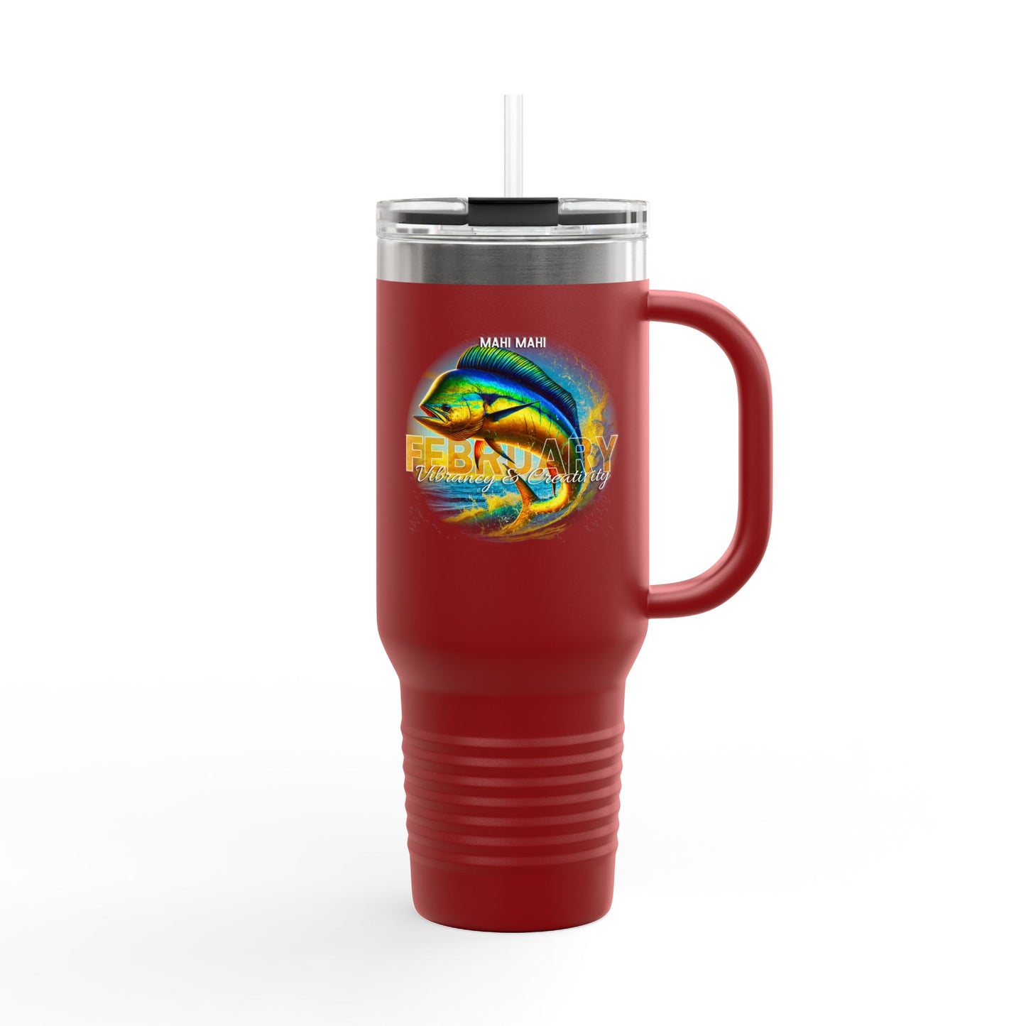 Red birth month travel mug with February design and Mahi Mahi fish graphic