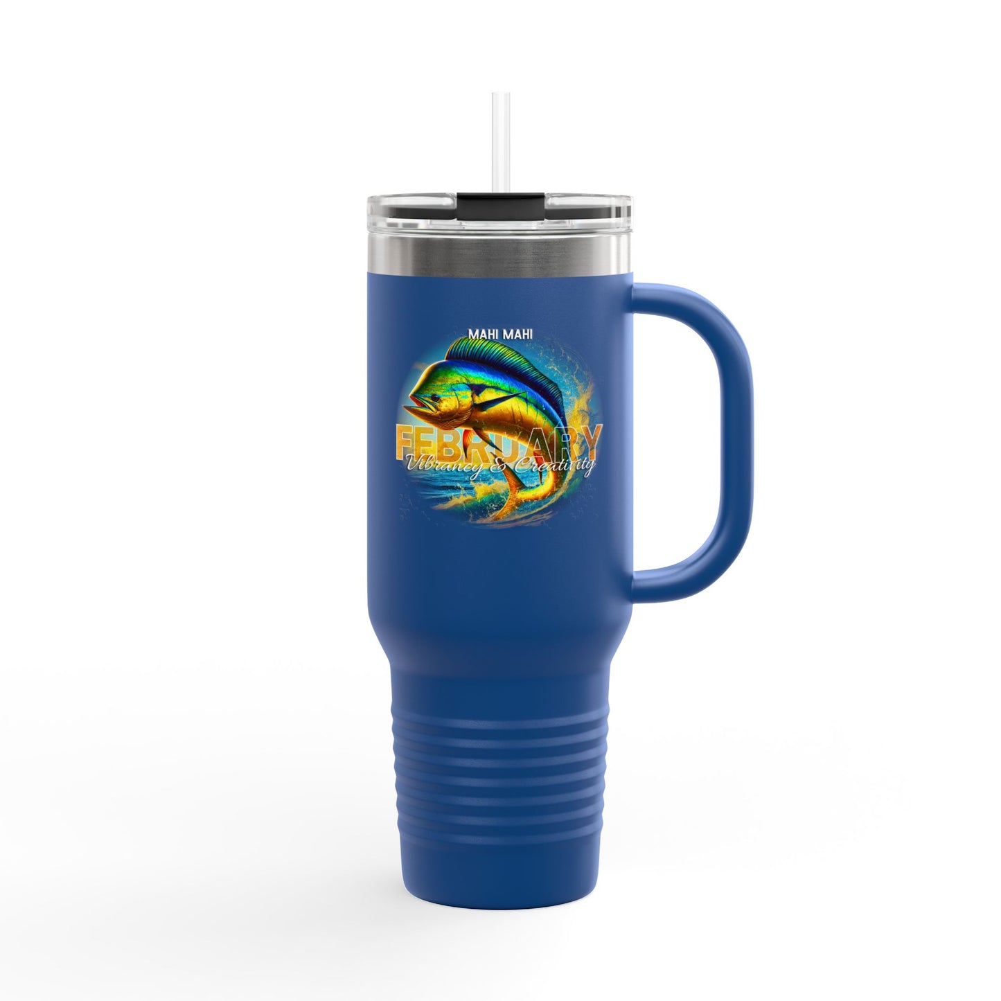 Blue birth month travel mug with February design featuring Mahi Mahi fish and clear lid with straw