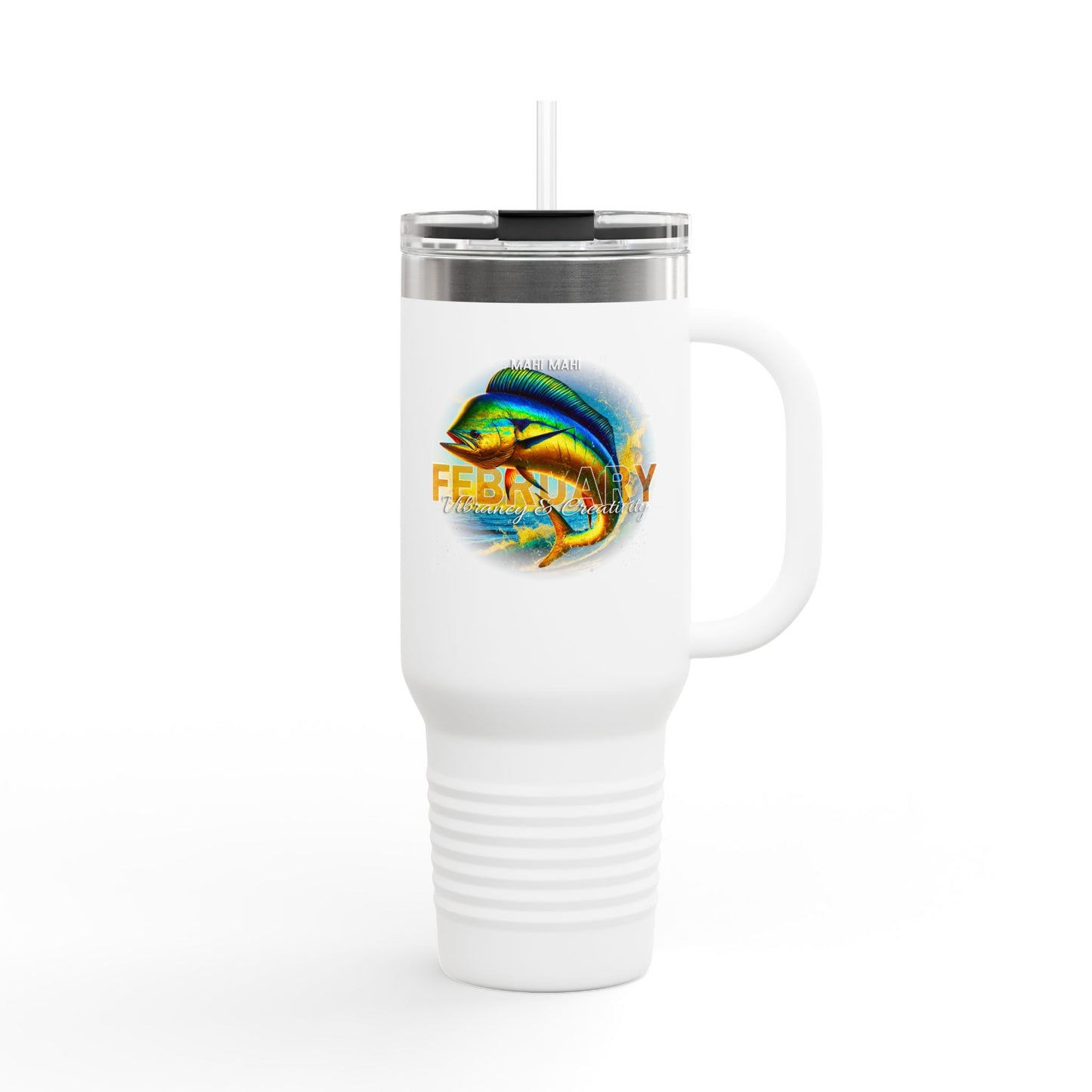 White  birth month travel mug featuring colorful February fish design with lid and straw
