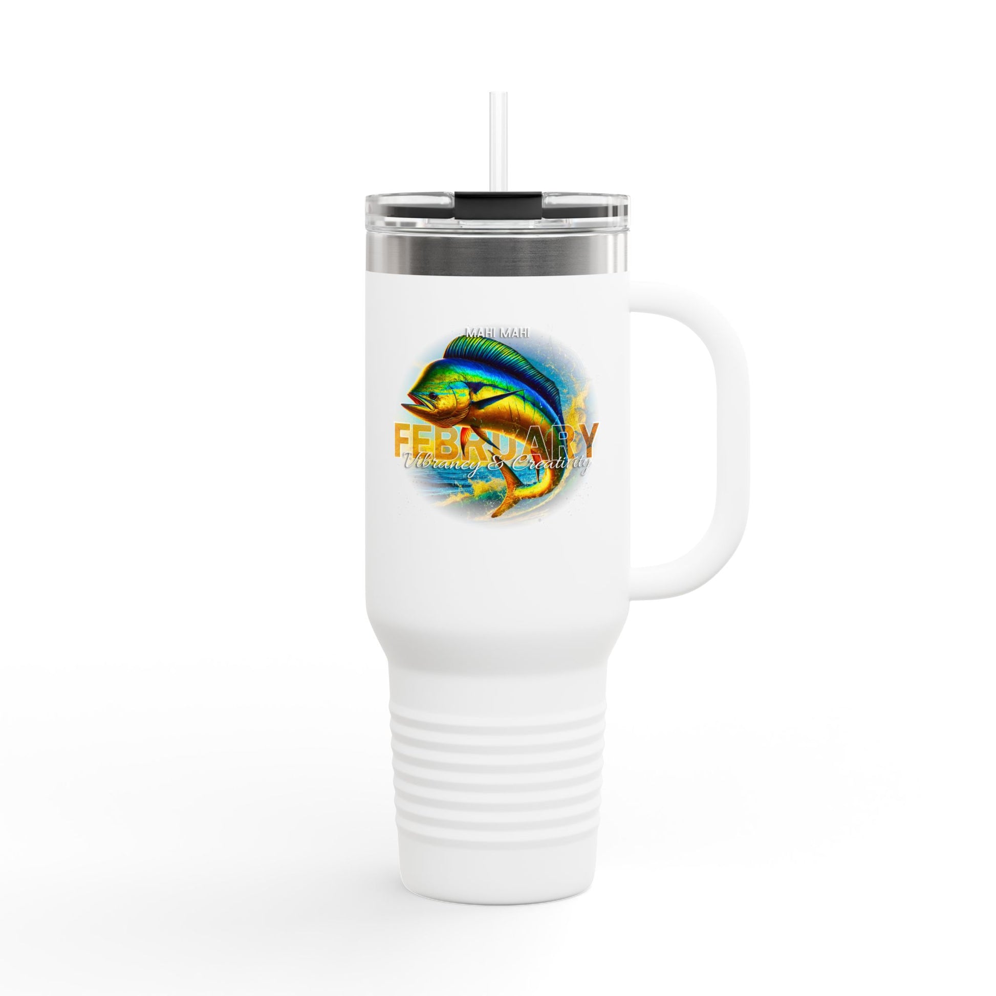White  birth month travel mug featuring colorful February fish design with lid and straw