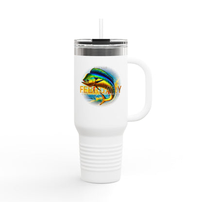 White  birth month travel mug featuring colorful February fish design with lid and straw