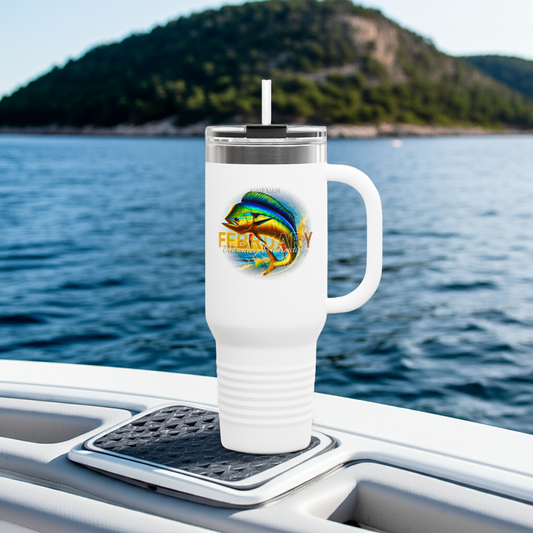 White birth month travel mug with colorful fish February design on boat with ocean background