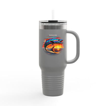 Gray birth month travel mug featuring colorful barracuda fish design with handle and lid