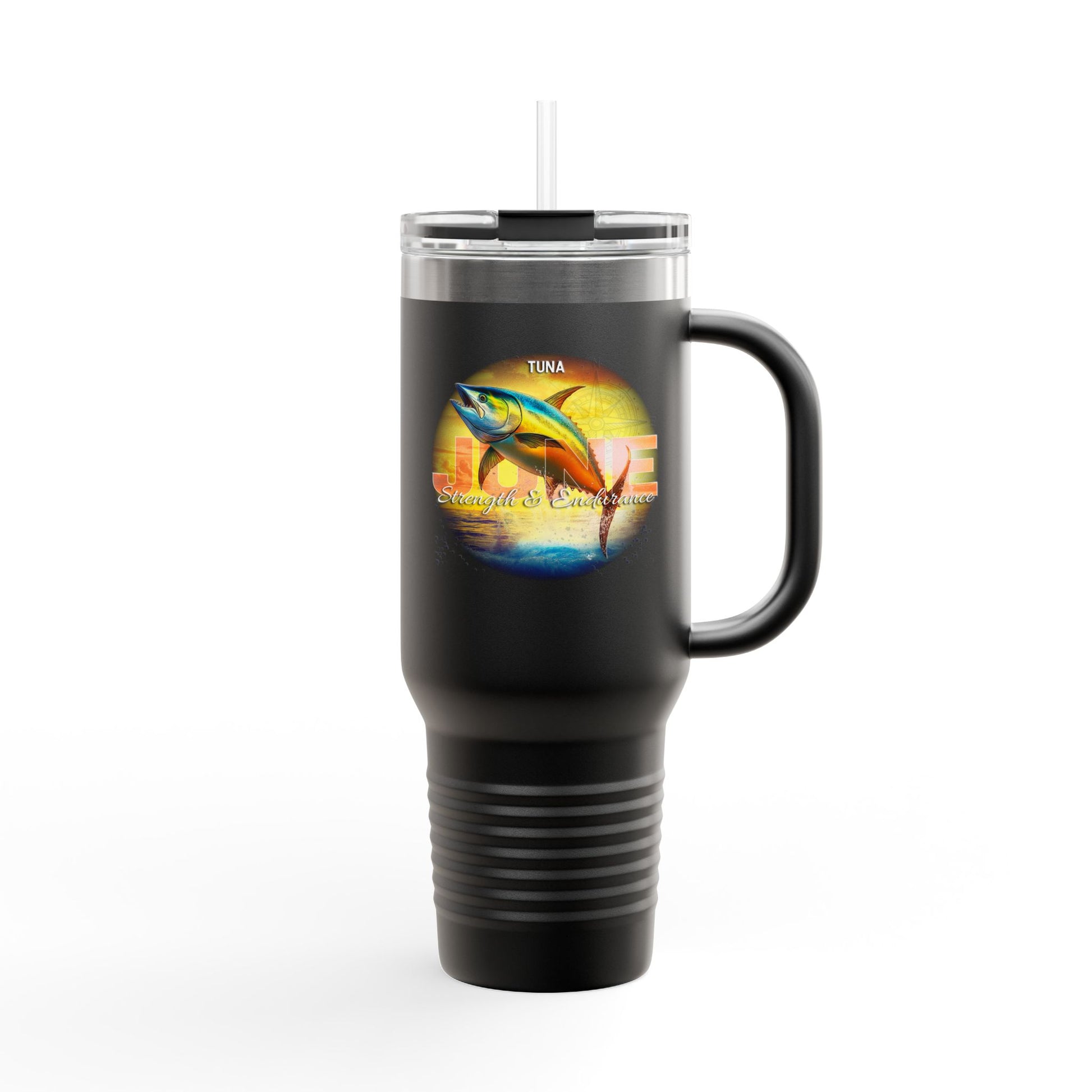Black birth month travel mug featuring tuna fish design with handle and clear lid