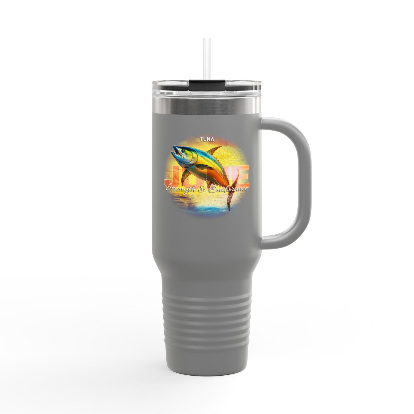 Gray birth month travel mug featuring colorful tuna fish design with handle and clear lid
