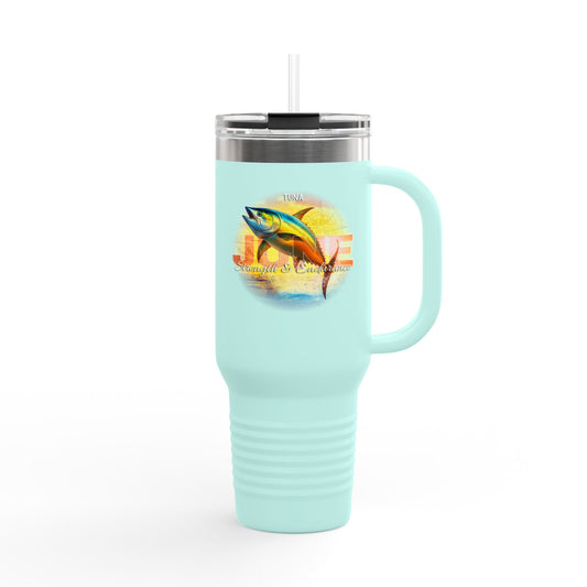 Light blue birth month travel mug with tuna fish design and handle with clear lid and straw