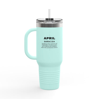 April birth month travel mug in light blue with handle and clear lid