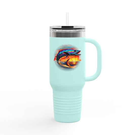 Light blue birth month travel mug by Printify with colorful fish graphic and clear lid with straw