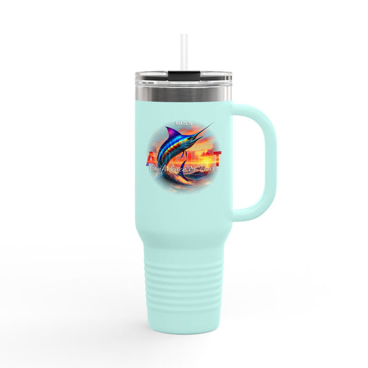 Birth month travel mug in light blue with marlin fish design and clear lid with straw