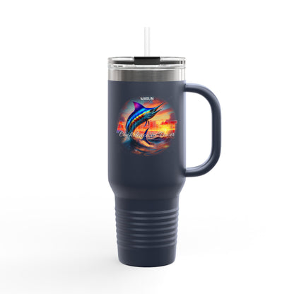 Birth month travel mug in navy with marlin fish design and clear lid with straw