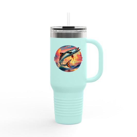 Light blue birth month travel mug featuring colorful fishing design with handle and clear lid