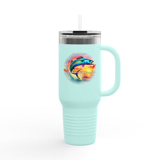 Birth month travel mug in light blue with fish graphic and handle for easy grip