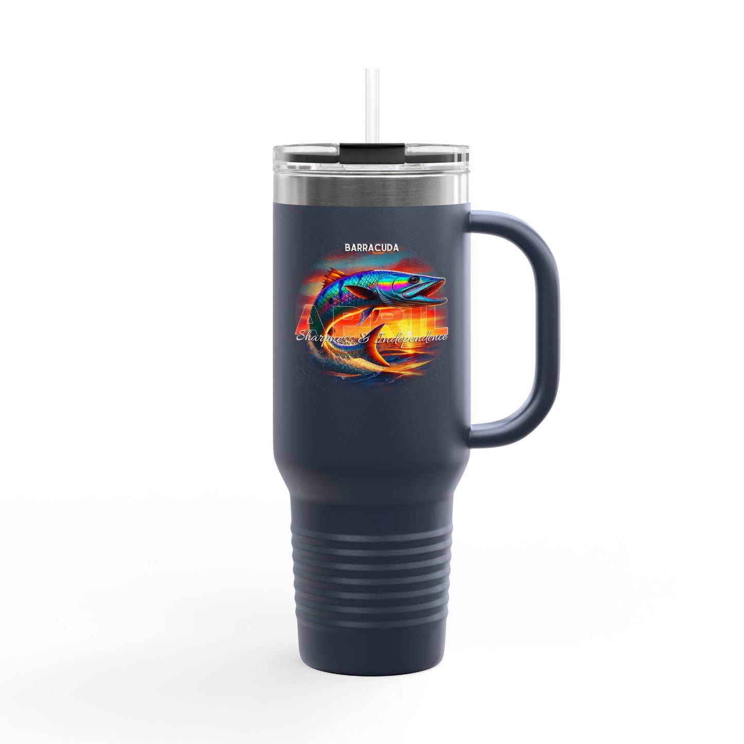 Birth month travel mug with colorful barracuda fish design and handle