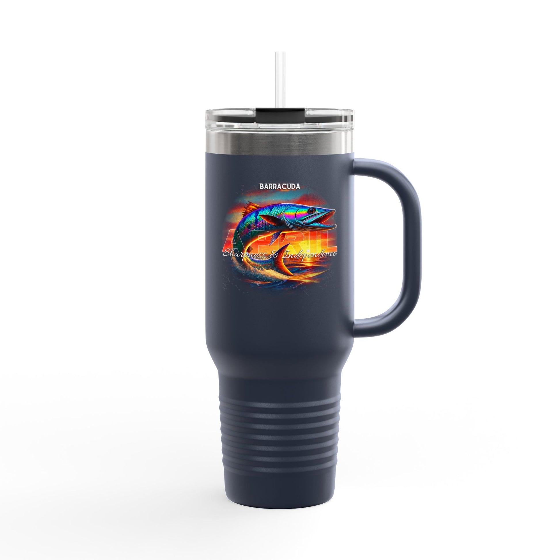 Birth month travel mug with colorful barracuda fish design and handle