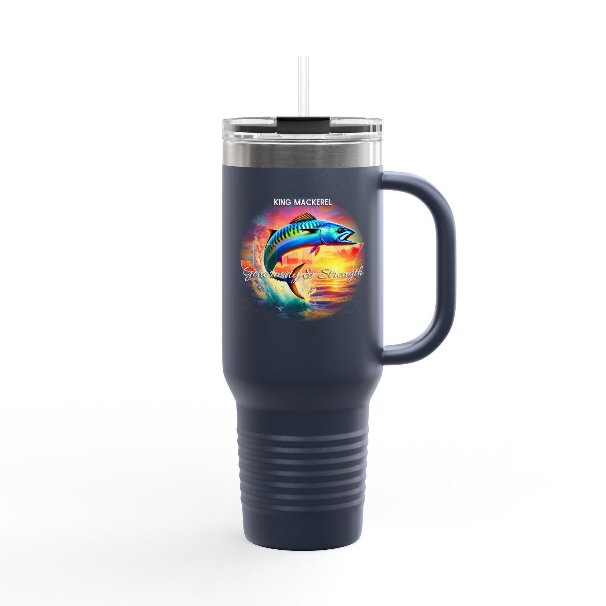 Birth month travel mug with King Mackerel design on navy blue stainless steel tumbler