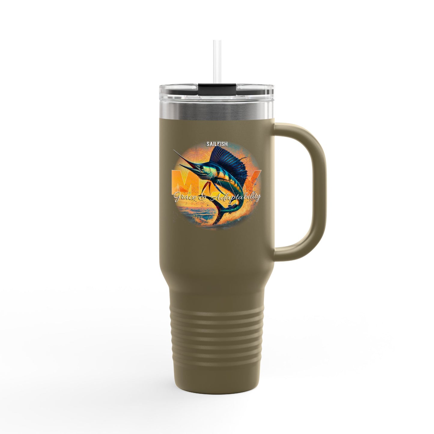 Birth month travel mug with sailfish design in olive green color and clear lid with straw