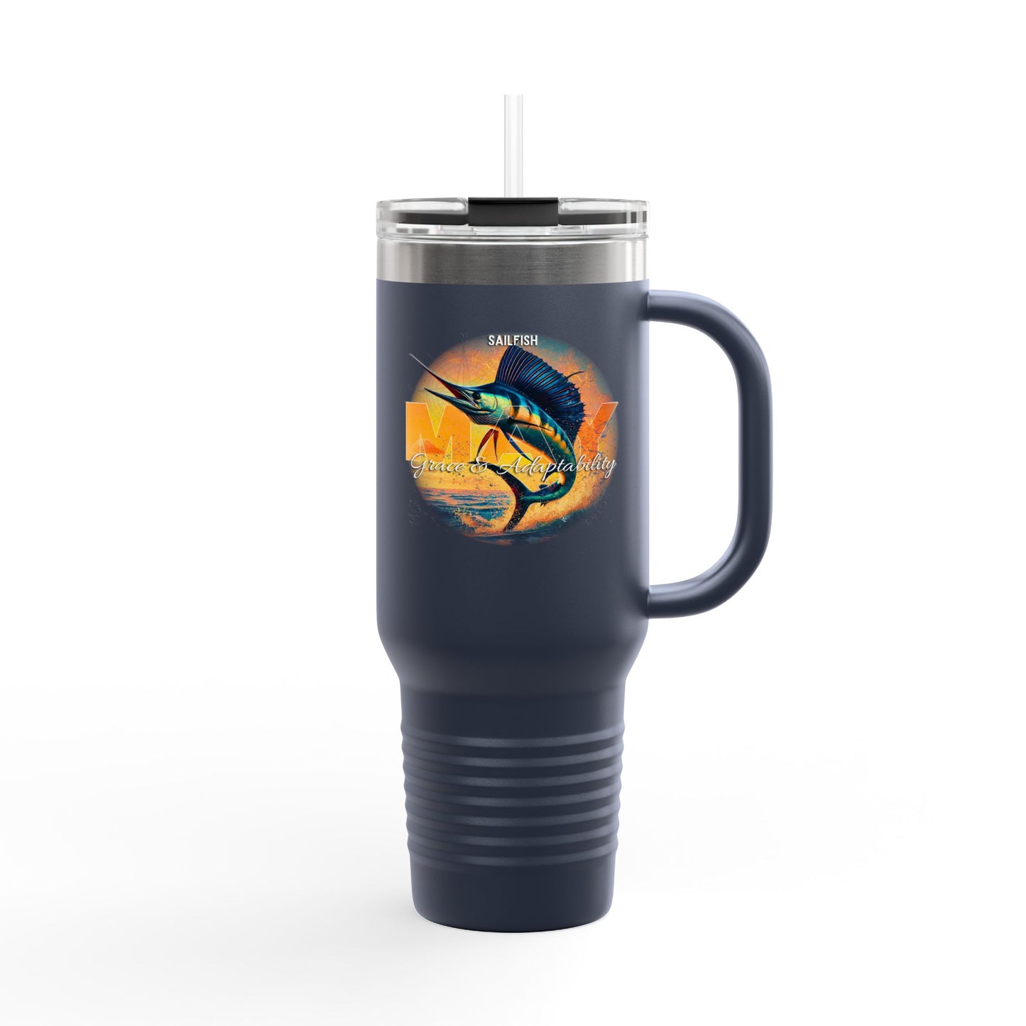 Navy blue birth month travel mug featuring a sailfish design and clear lid with straw