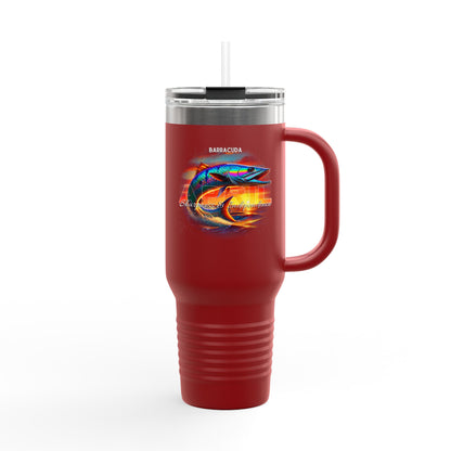 Red birth month travel mug with handle featuring colorful barracuda fish design 
