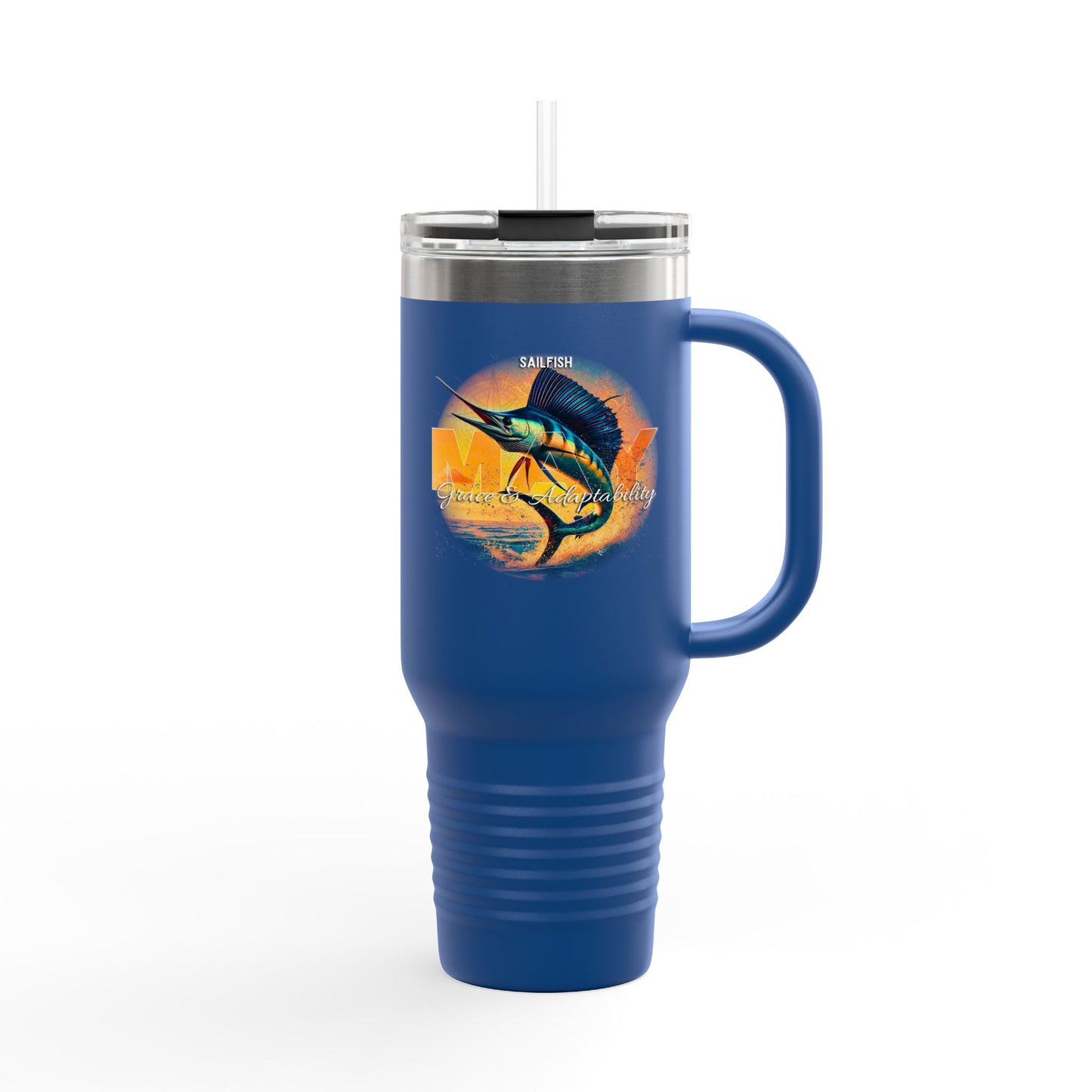 Blue birth month travel mug with sailfish design and clear lid with straw