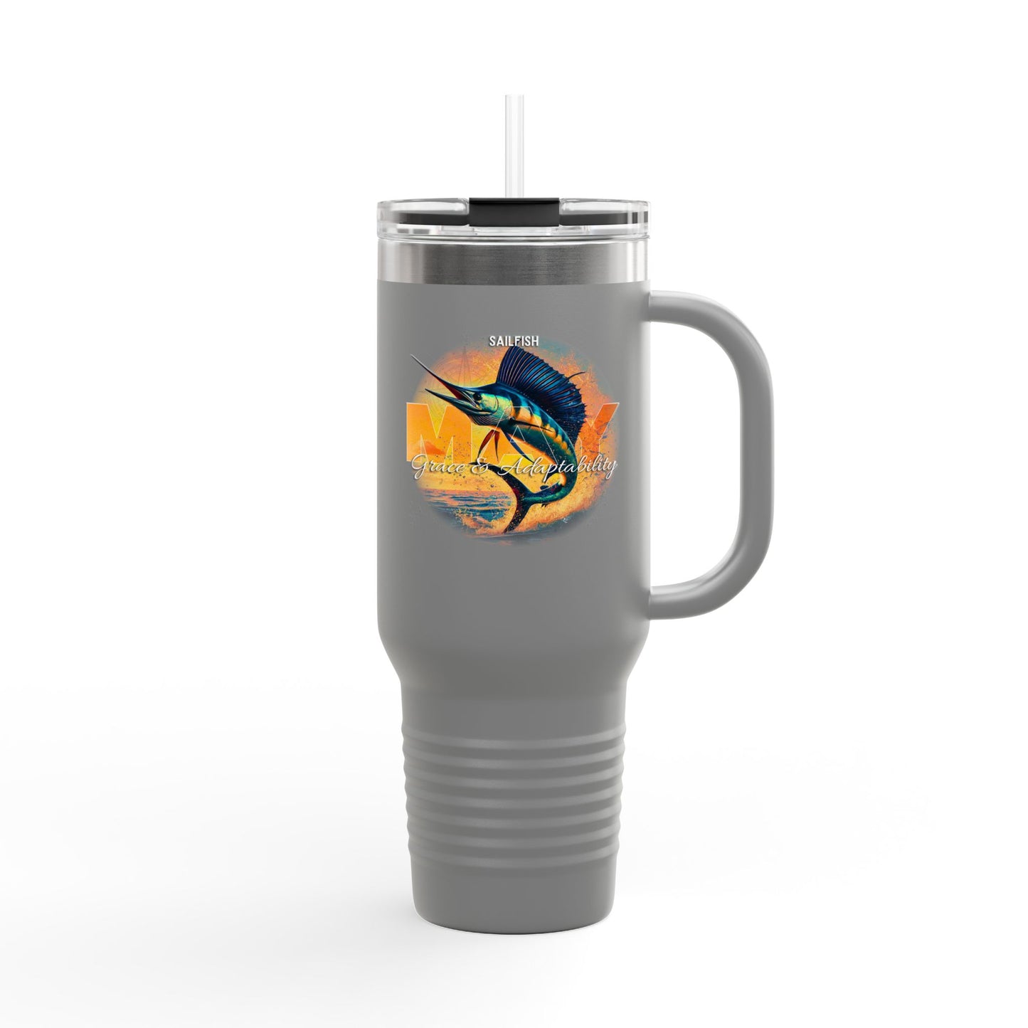 Gray birth month travel mug with sailfish design and clear lid with straw
