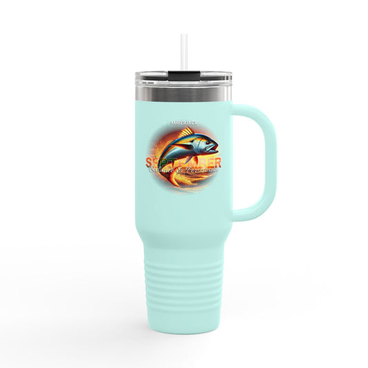 Light blue birth month travel mug with fish and summer design with handle and straw lid