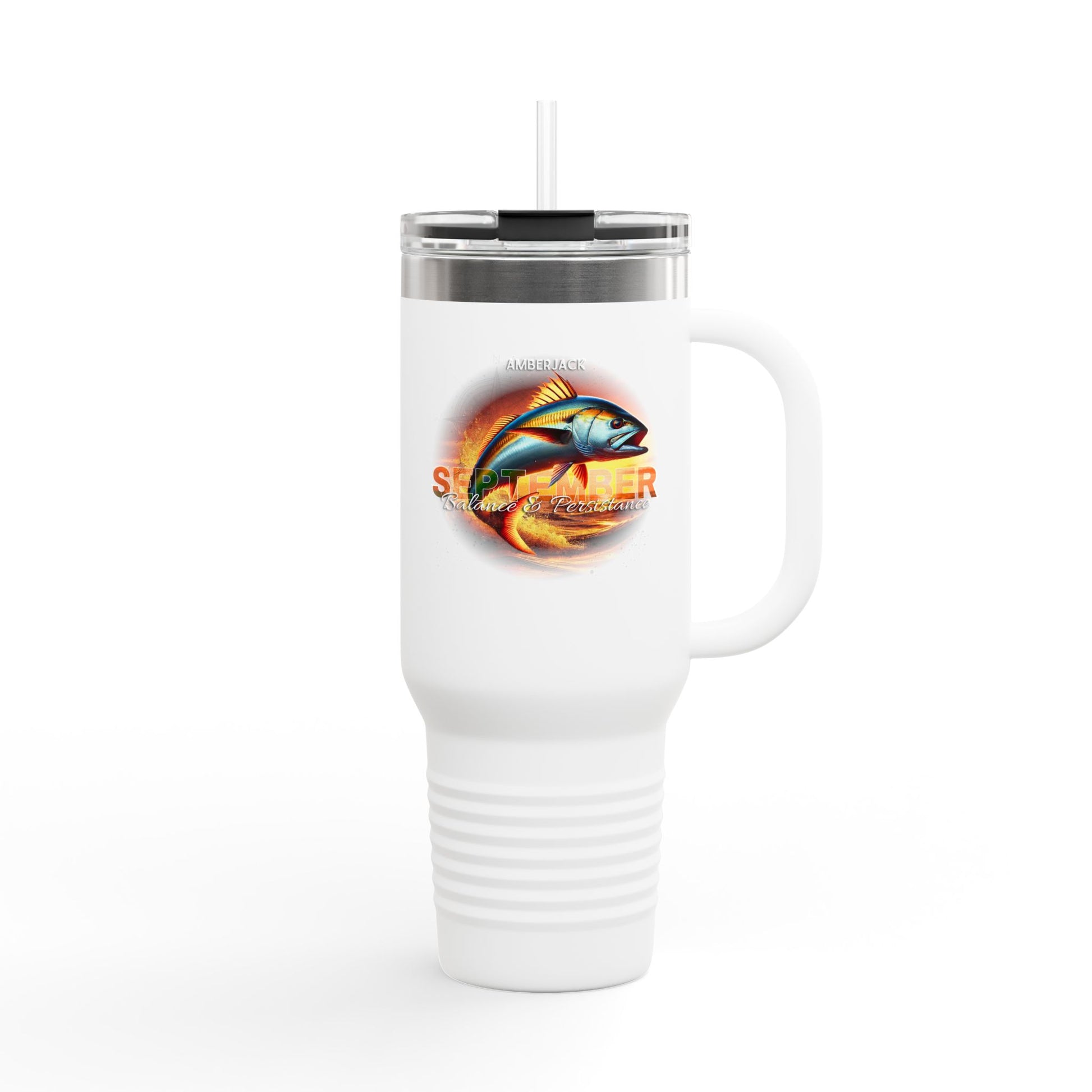White birth month travel mug with summer fish design and clear lid with straw