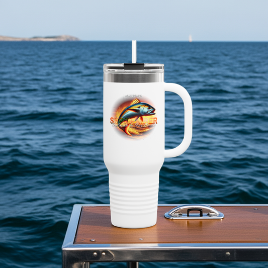 White September birth month travel mug with fish design on boat deck by ocean