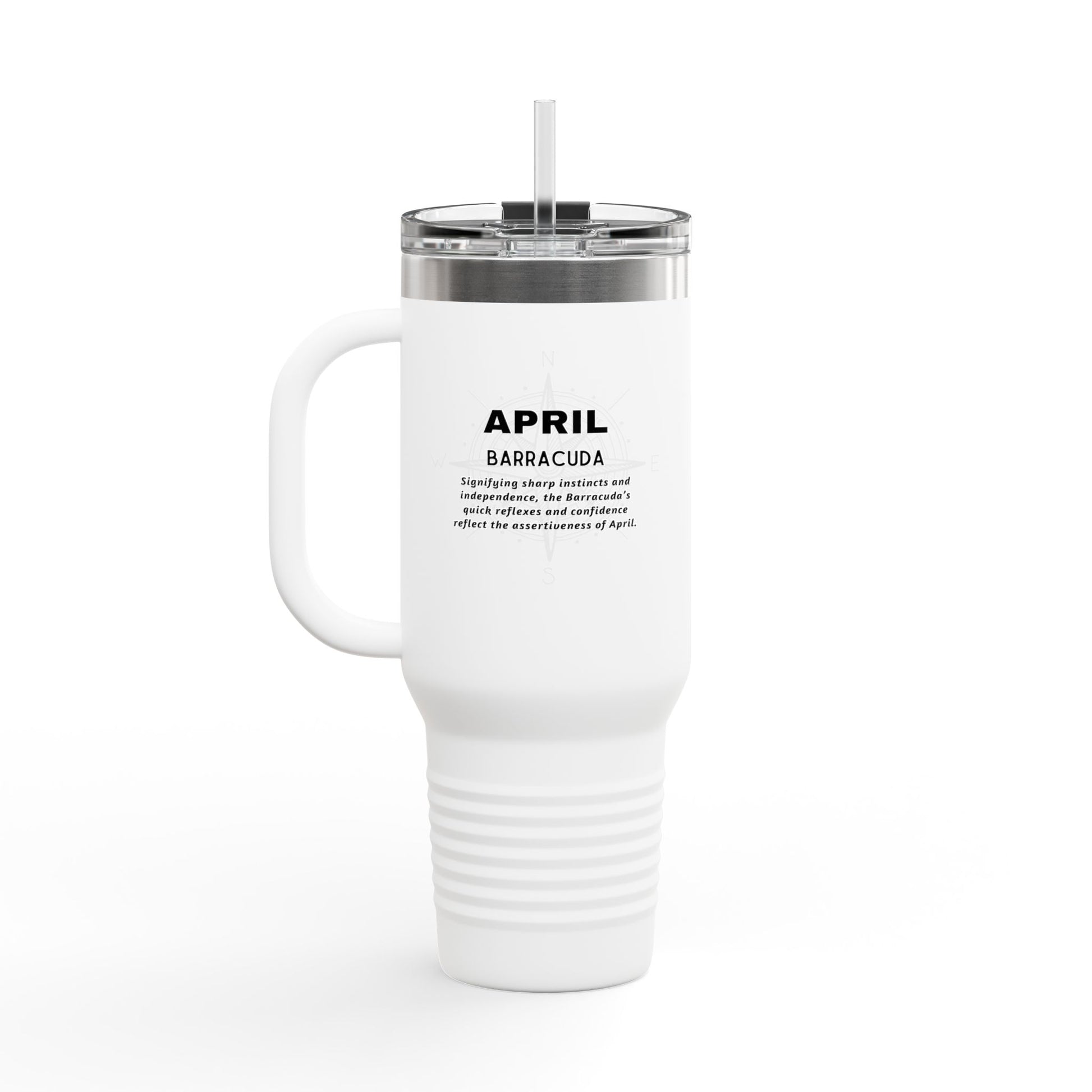 White birth month travel mug with April barracuda design and clear lid with straw