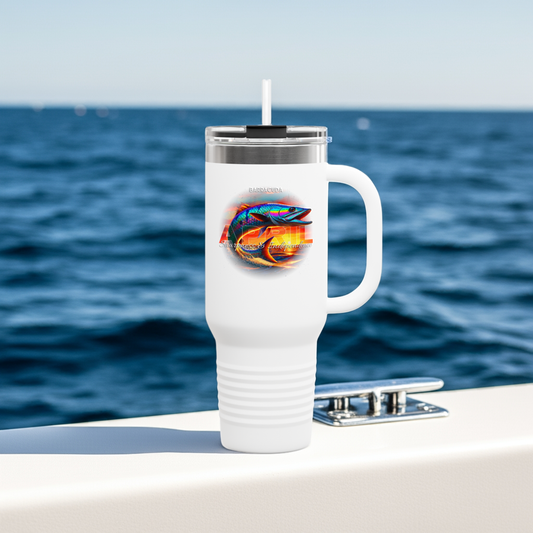 White birth month travel mug with colorful fish design and lid with straw on boat near ocean