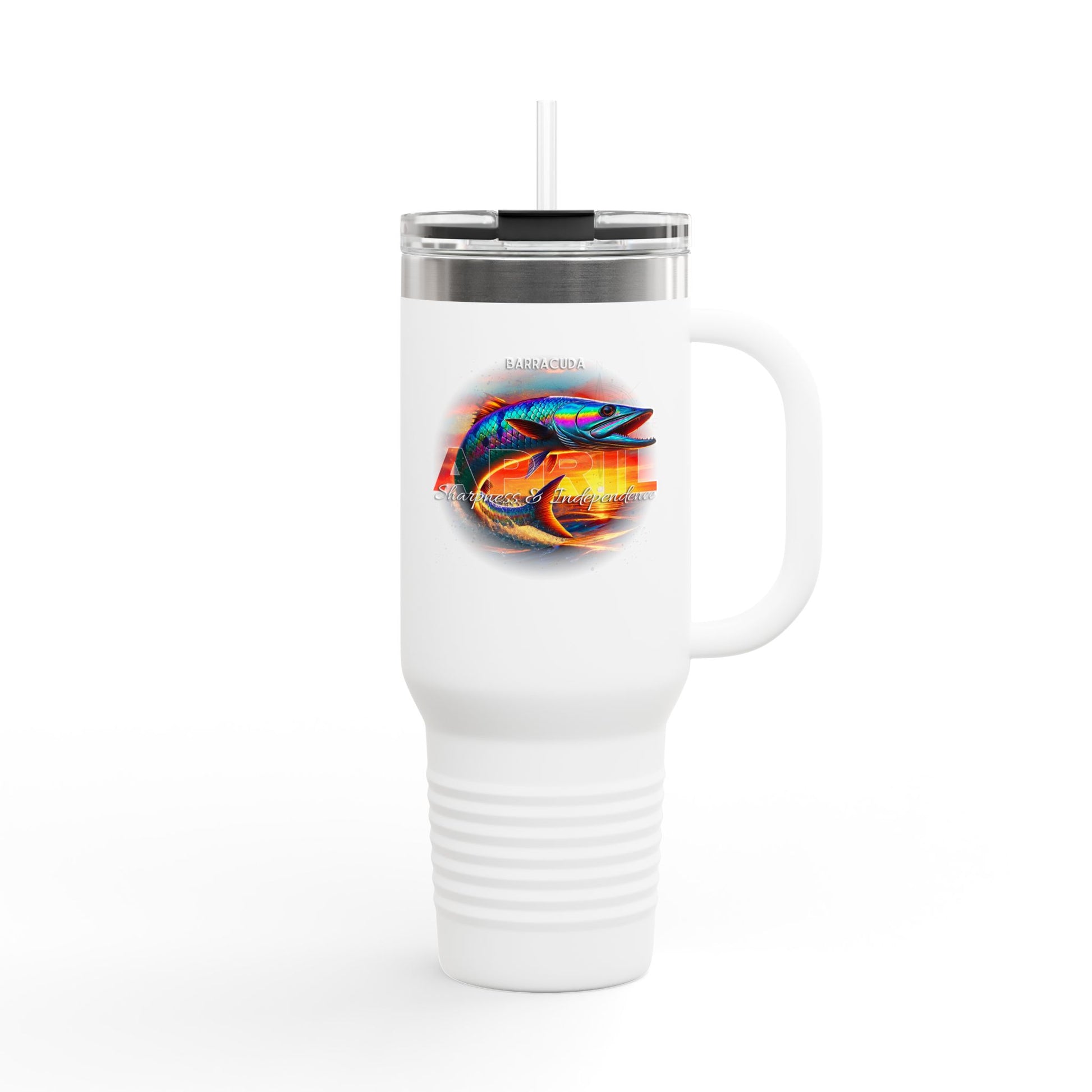 White birth month travel mug with colorful fish design and handle