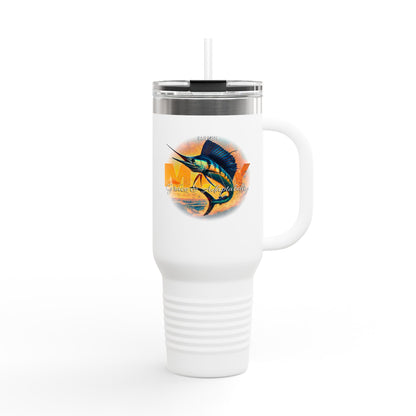 White birth month travel mug with marlin fish graphic and clear lid with straw