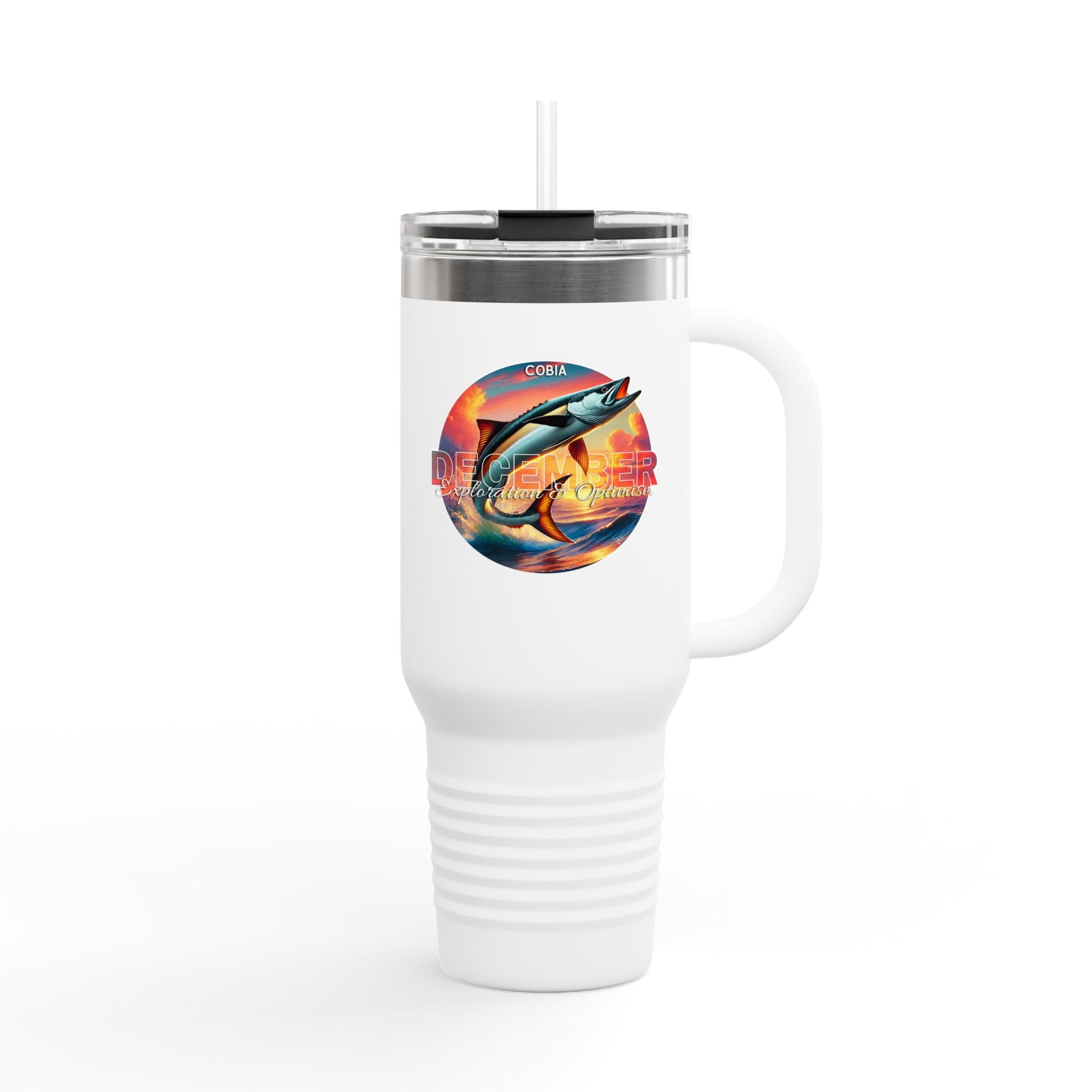 White birth month travel mug with handle featuring colorful fish design and clear lid with straw