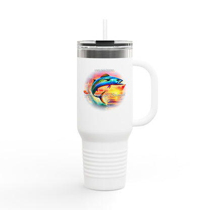 White birth month travel mug featuring a colorful fish design and clear lid with straw